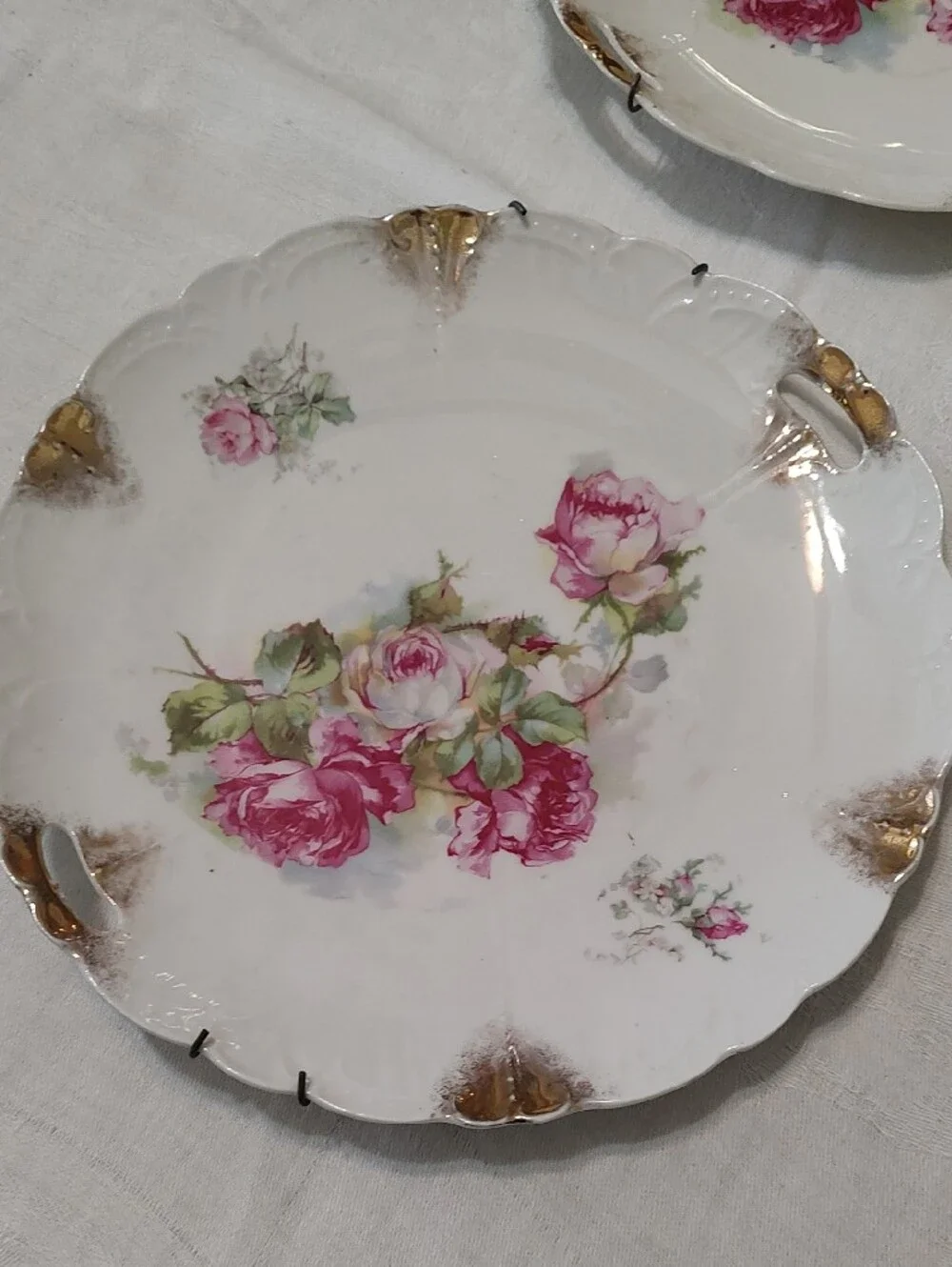 Beautiful White Porcelain Serving Plates with Pink Rose and Gold Trim And hanger